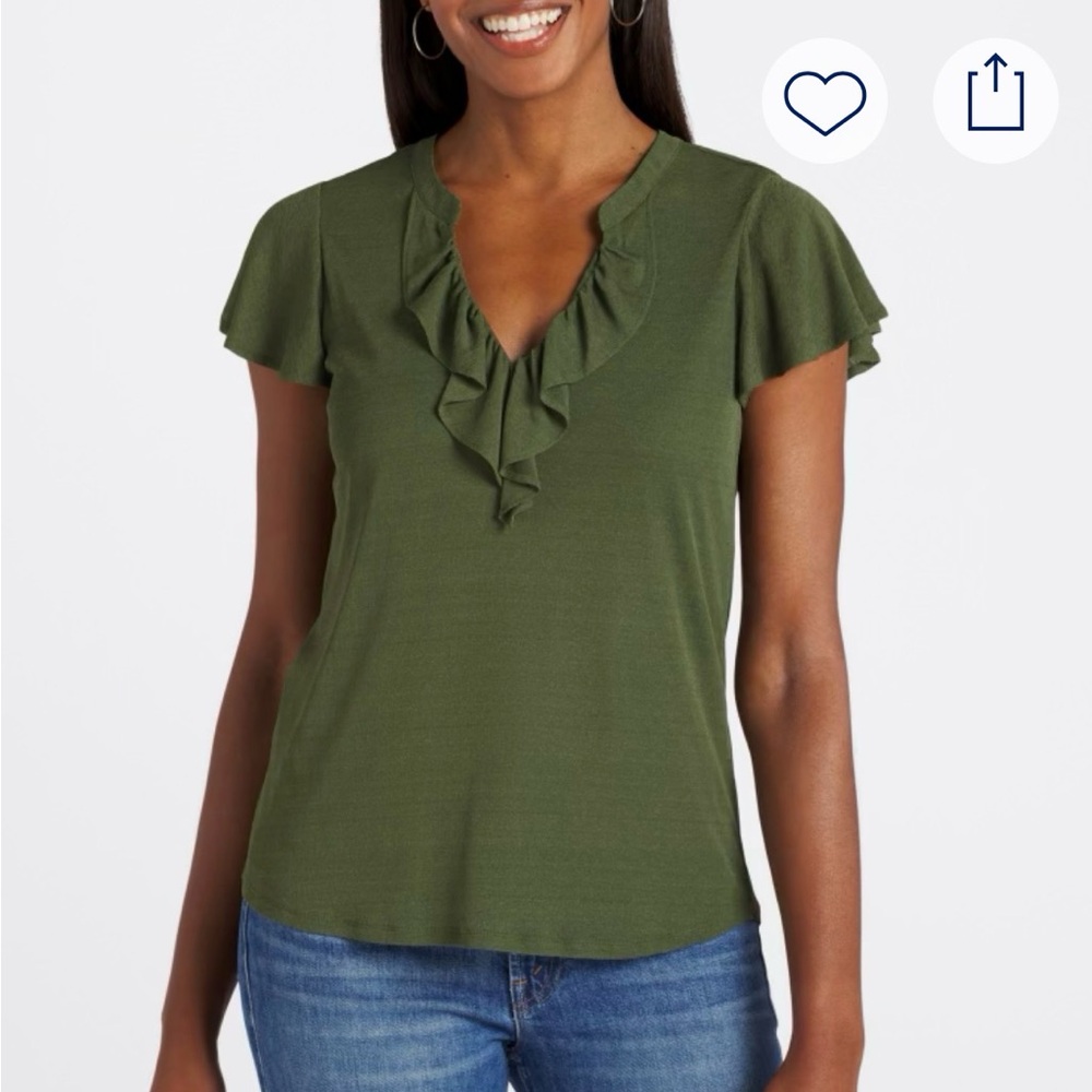 Ruffled V-Neck Blouse in Olive Green